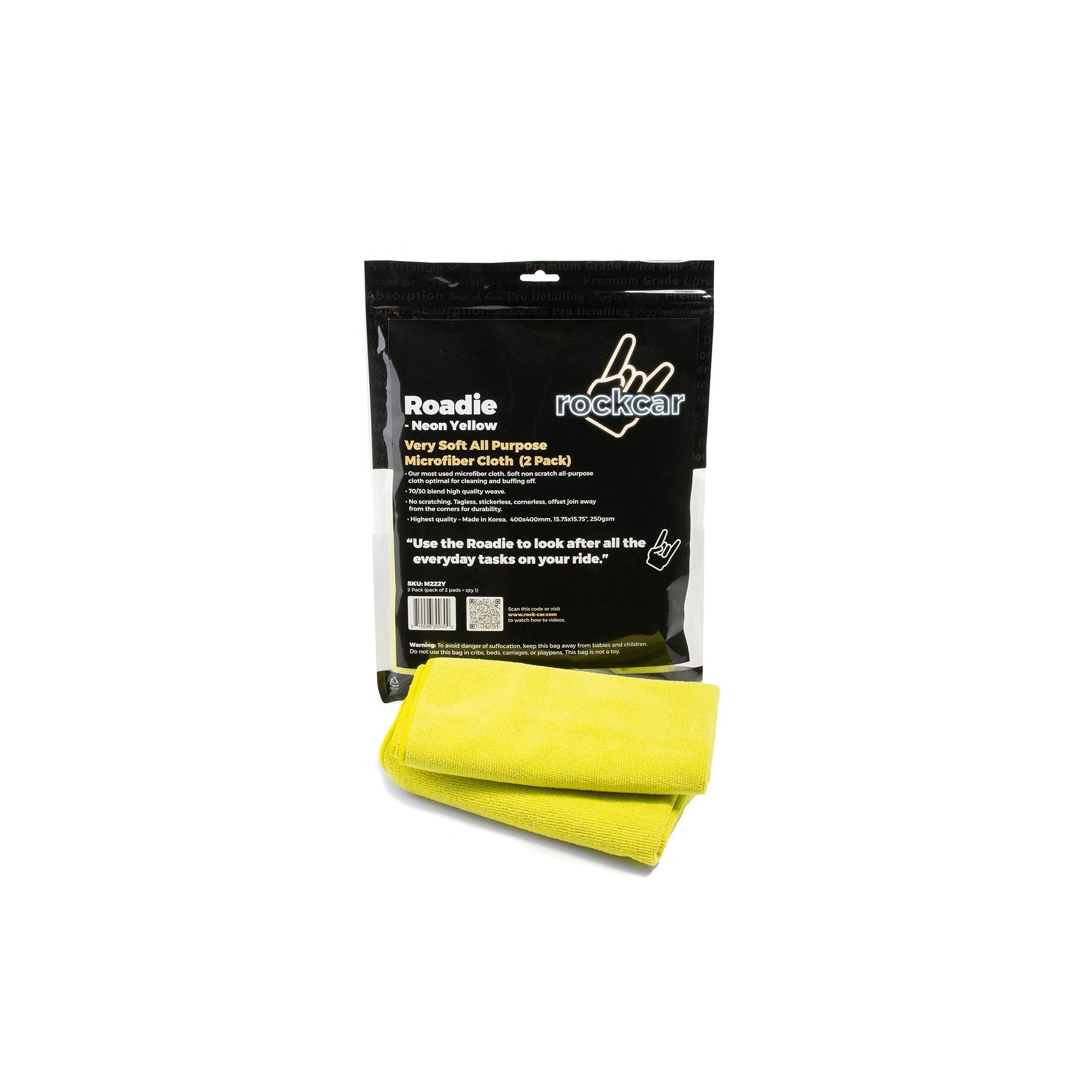 RockCar Roadie Microfibre Cloth, Neon Yellow, 2 Pack
