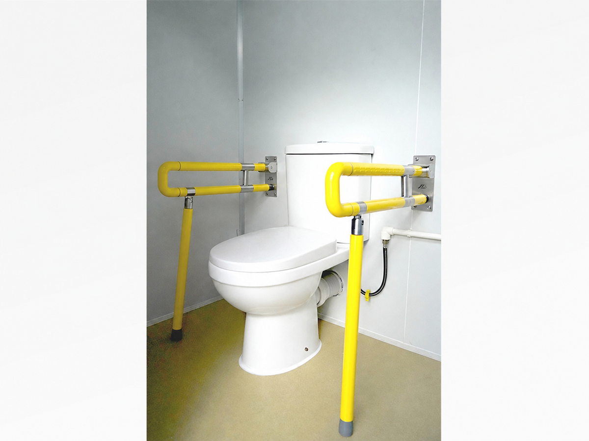 Toilet with Yellow Grab Rails