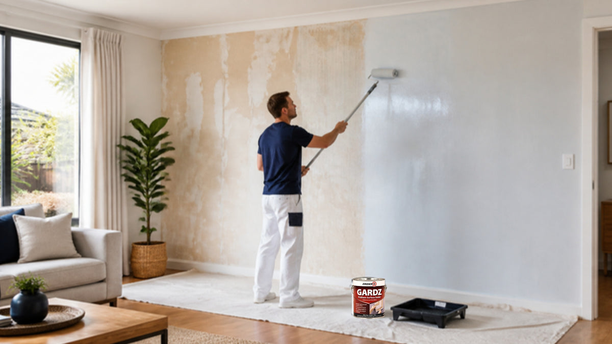 Rolling Zinsser GARDZ sealer over a stripped wall before wallpapering