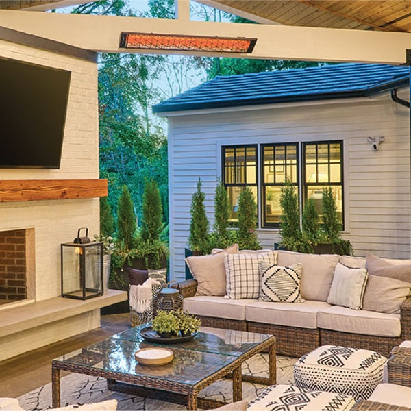Infratech electric infrared heater installed above an outdoor lounge