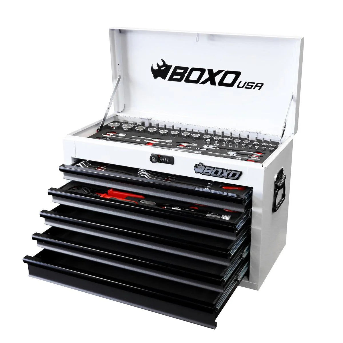 MotoBox | 103-Piece Metric Motorcycle Tool Set with 5-Drawer Hand Carry Tool Box - Black, Red