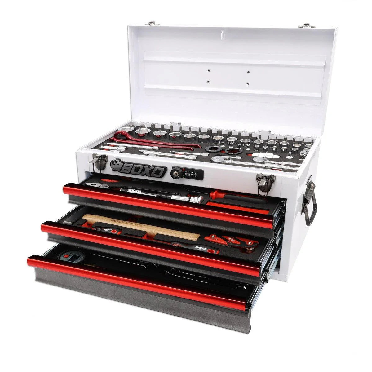 MotoBox | 103-Piece Metric Motorcycle 3-Drawer Hand Carry Tool Box - Black, Red