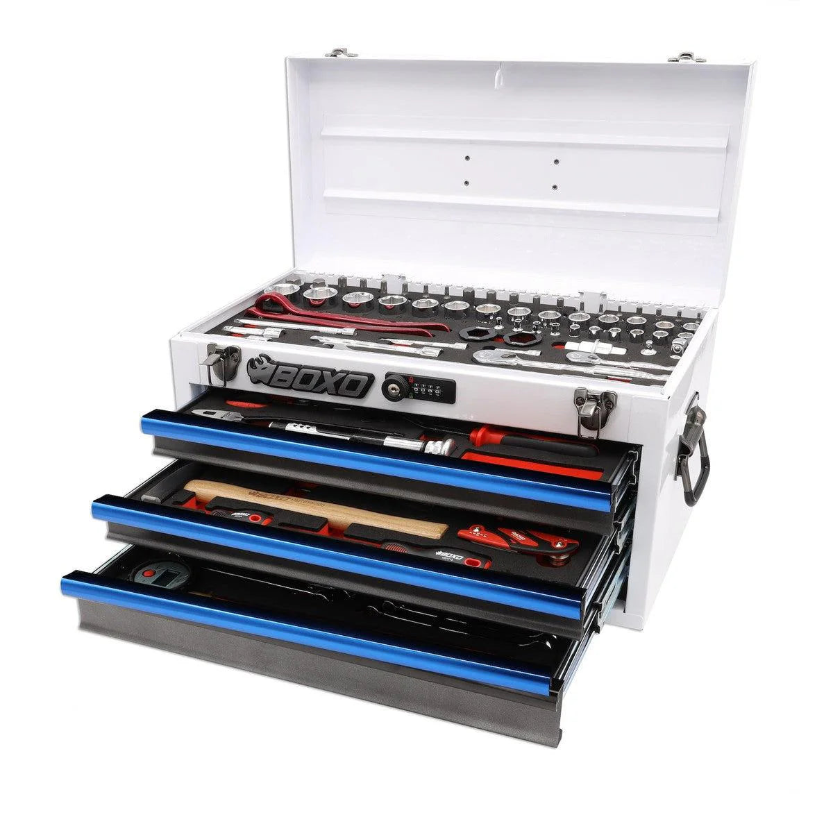 MotoBox | 103-Piece Metric Motorcycle 3-Drawer Hand Carry Tool Box - Black, Red