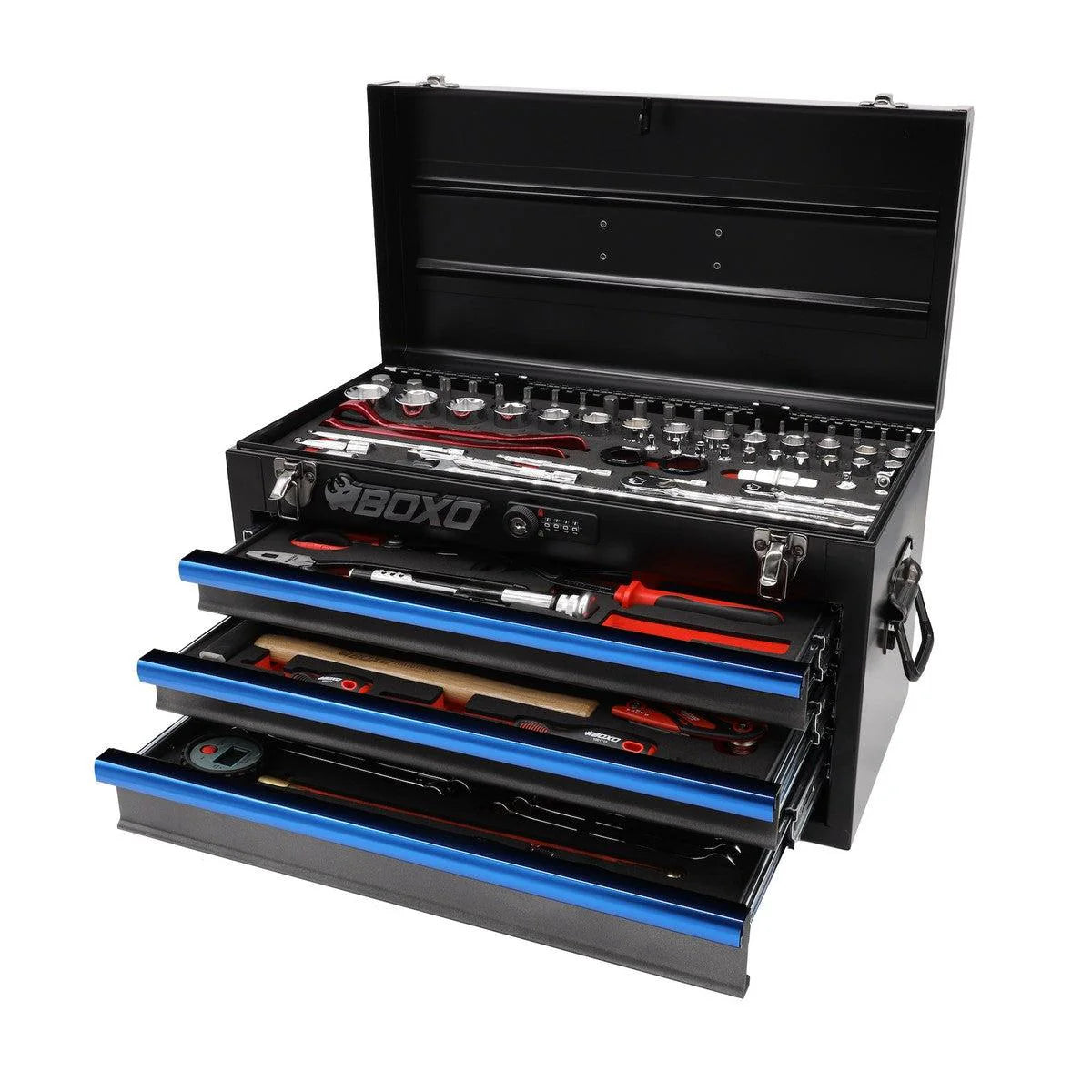 MotoBox | 103-Piece Metric Motorcycle 3-Drawer Hand Carry Tool Box - Black, Blue