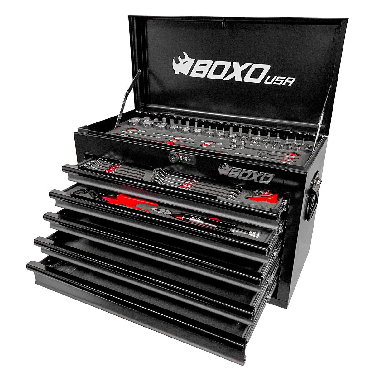 MotoBox | 103-Piece Metric Motorcycle Tool Set with 5-Drawer Hand Carry Tool Box - Black, Red