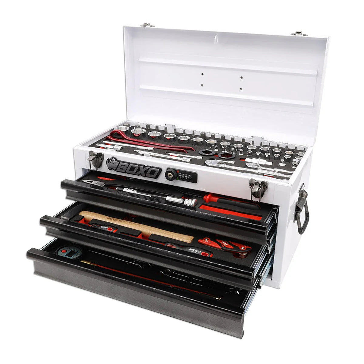 MotoBox | 103-Piece Metric Motorcycle 3-Drawer Hand Carry Tool Box - Black, Red
