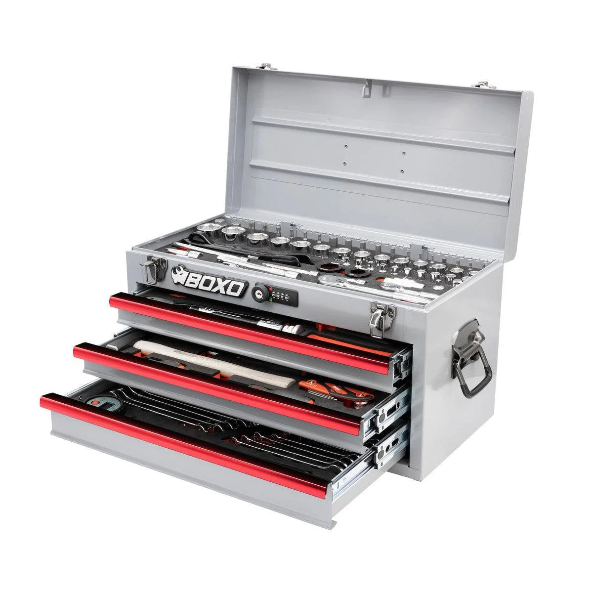 MotoBox | 103-Piece Metric Motorcycle 3-Drawer Hand Carry Tool Box - Black, Red