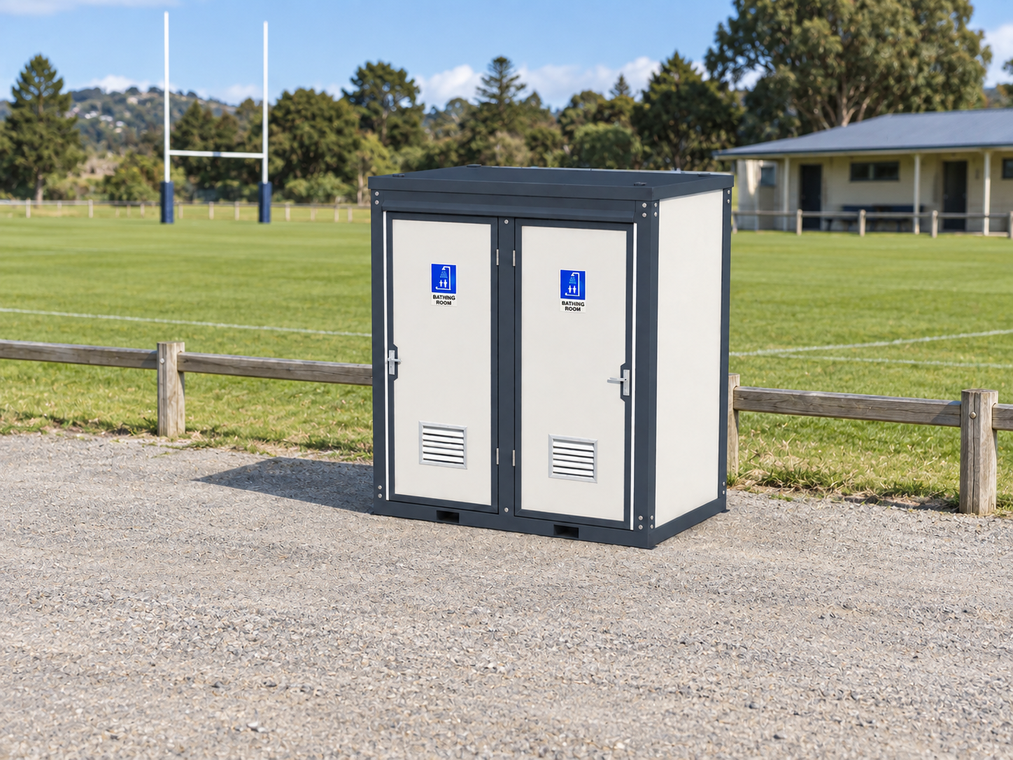 Mobile Double Shower Unit at a Community Sports Ground